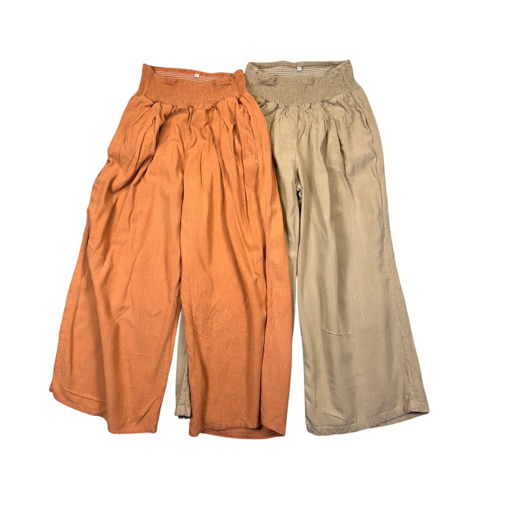 Boho Wide Leg Smocked Waist Pants Linen Blend Bundle Coastal Langenlook Gauzy